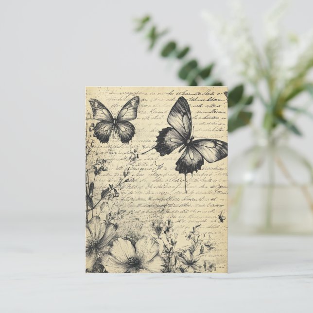 Postal Flores rusticas y mariposa - Papel de edad (7) (Anverso de pie)
