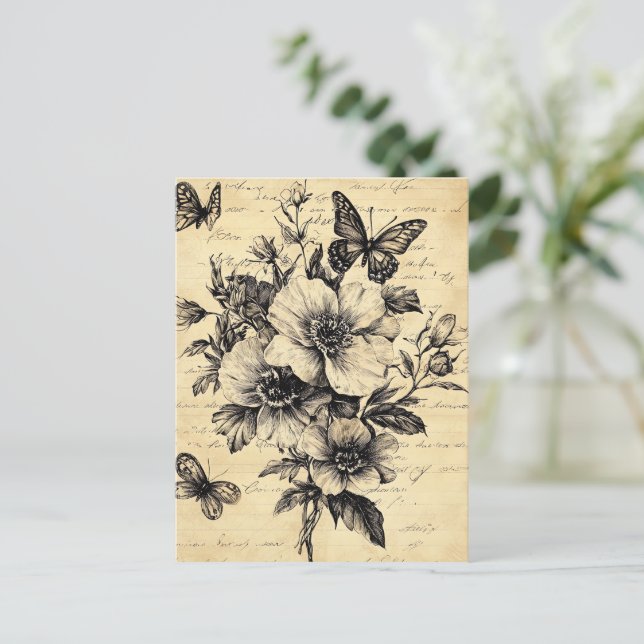 Postal Flores rusticas y mariposa - Papel de edad (9) (Anverso de pie)