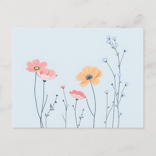 Postal Flores salvajes de línea mínima sobre el azul past (Anverso)