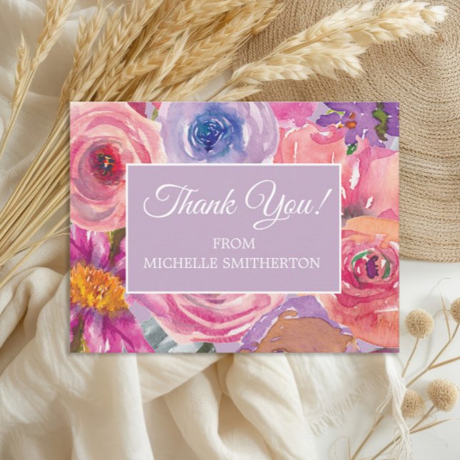 Postal Flores salvajes rosadas moradas gracias (Elegant purple and pink watercolor wildflowers birthday party thank you postcard)