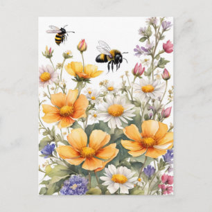 Postal Flores salvajes y acuarela de abejas melíferas