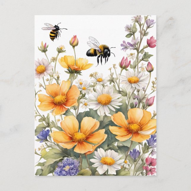 Postal Flores salvajes y acuarela de abejas melíferas (Anverso)
