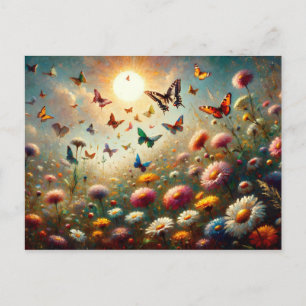 Postal Flores silvestres en flor rodeadas de mariposas