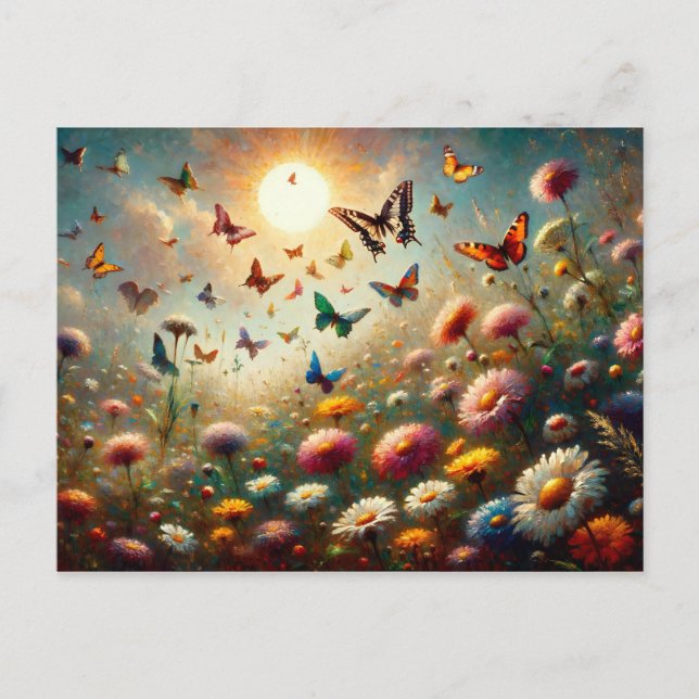 Postal Flores silvestres en flor rodeadas de mariposas (Anverso)
