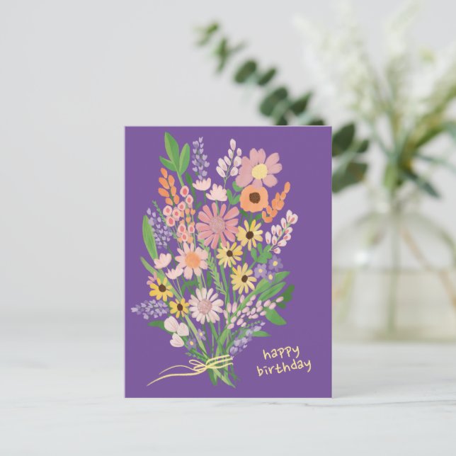 Postal Flores Silvestres Pintadas a Mano Gouache Feliz Cu (Anverso de pie)