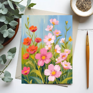 Postal Flores silvestres rosadas   Pintura floral de acua