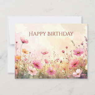Postal Flores silvestres rosadas y cremosas Feliz Cumplea