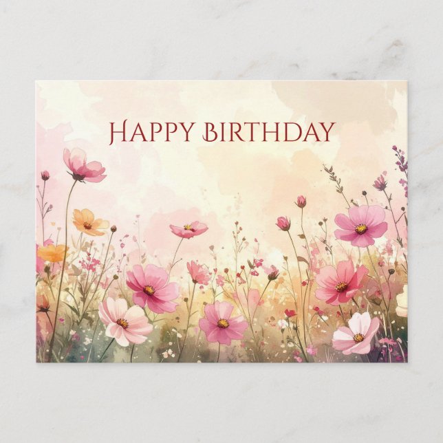 Postal Flores silvestres rosadas y cremosas Feliz Cumplea (Anverso)