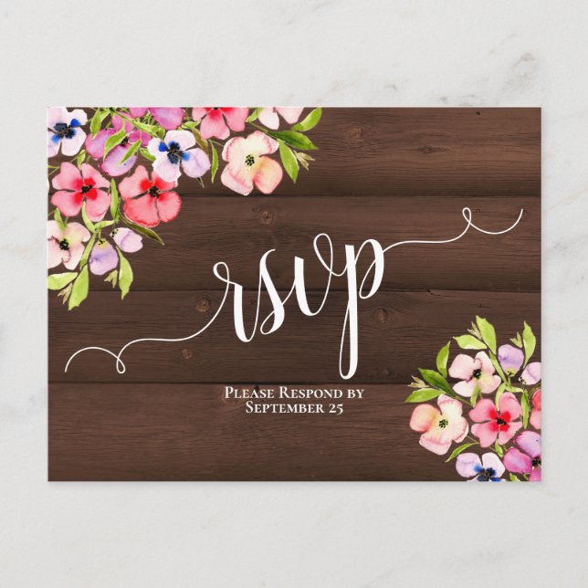 Postal Flores silvestres rusticas en la boda de la madera (Anverso)