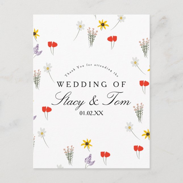 Postal Flores silvestres simples Boda dibujada a mano gra (Anverso)