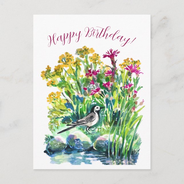 Postal Flores silvestres y una motacilla alba (Anverso)