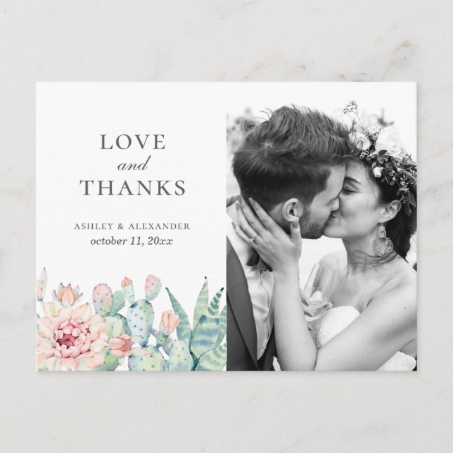 Postal Flores suculentas. Boda cactus floral gracias (Anverso)