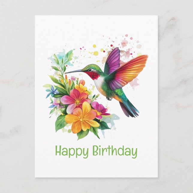 Postal Flores tropicales de Hummingbird Feliz Cumpleaños (Anverso)