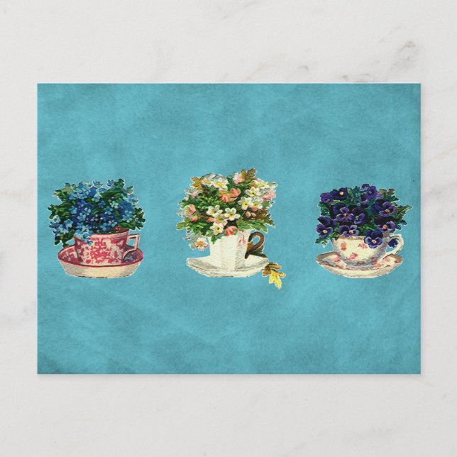 Postal Flores Vintage en Tazas (Anverso)