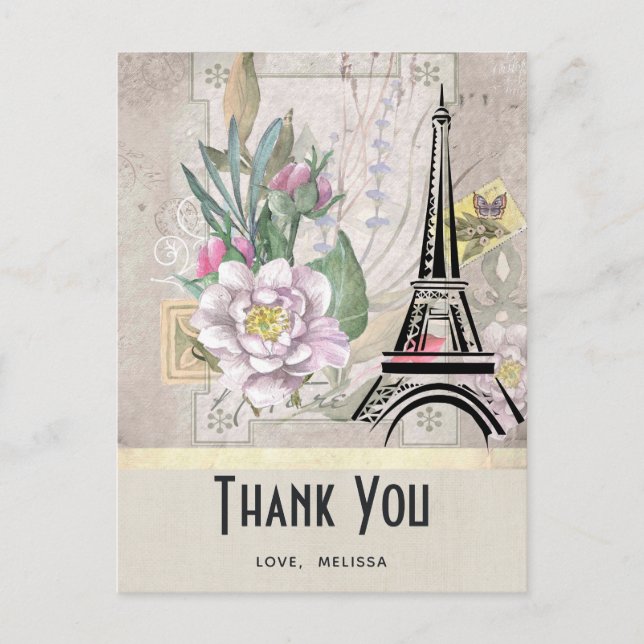 Postal Flores Vintage, Torre Eiffel y Agradecimiento en A (Anverso)