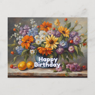 Postal Flores y fruta de la época de cumpleaños feliz