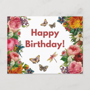 Postal Flores y mariposas de cumpleaños felices