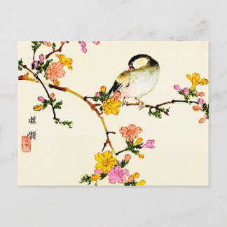 Postal Flores y pájaro coloridos japoneses