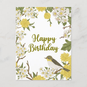 Postal Flores y pájaro de naturaleza botánica de cumpleañ