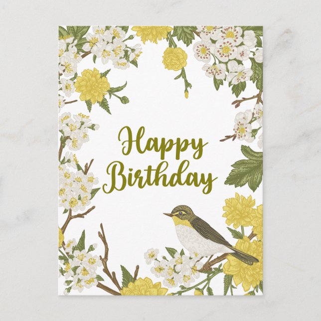 Postal Flores y pájaro de naturaleza botánica de cumpleañ (Anverso)