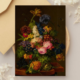 Postal Flores y piña en un entablamento