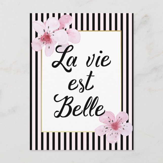 Postal Flores y rayas rosadas y negras de Francia femenin (Anverso)