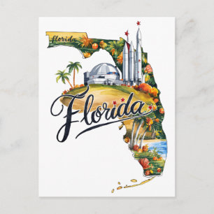 Postal Florida EE. UU. Estado con forma de acuarela vinta