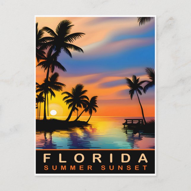 Postal Florida, puesta de sol de verano con palmeras, via (Anverso)