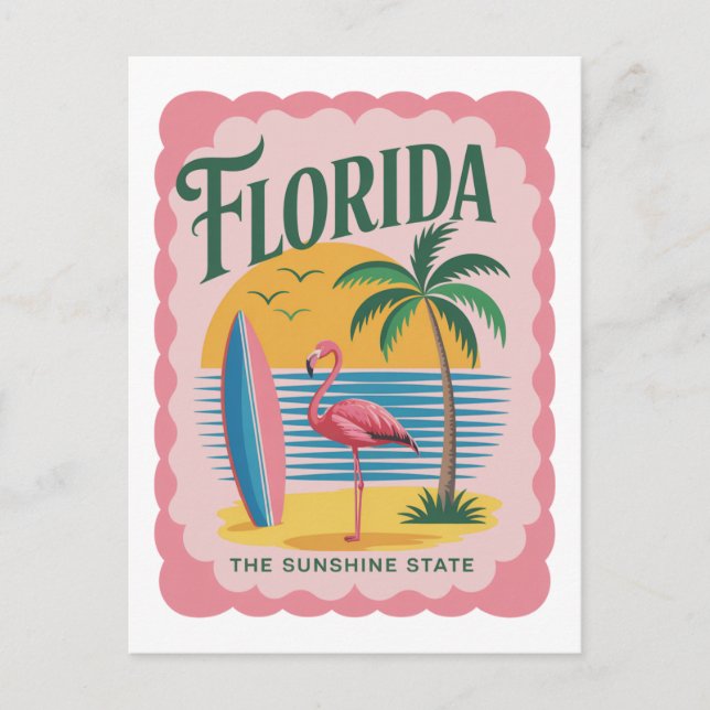 Postal Florida The Sunshine State Retro Flamingo Beach (Anverso)