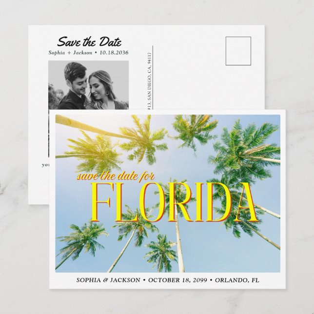Postal Florida Wedding Save the Date Palm Tree Retro (Anverso / Reverso)