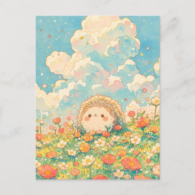 Postal Fluffy Peach Cloud Kawaii Hedgehog Meadow (Anverso)