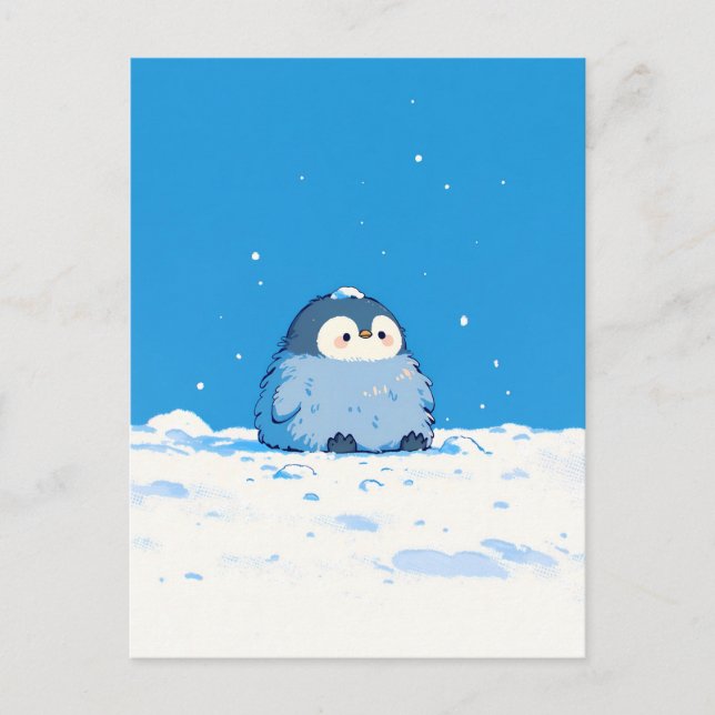 Postal Fluffy Penguin Chick in Snowy Winter Landscape (Anverso)