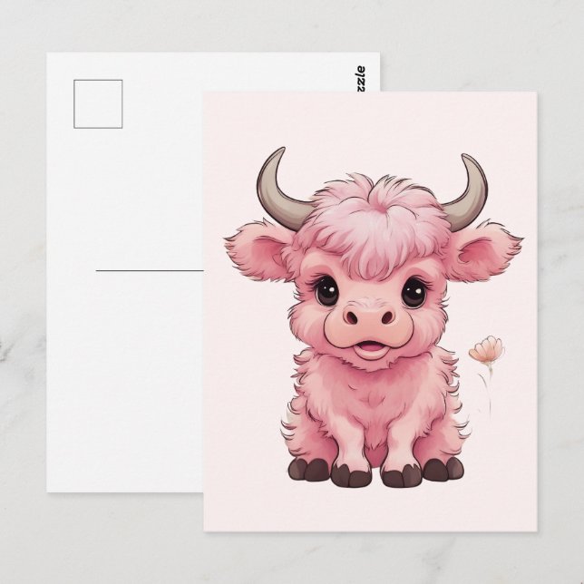 Postal Fluffy Pink Highlands Scottish Cow (Anverso / Reverso)