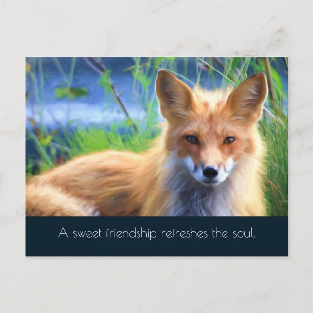 Postal Fluffy Red Fox con la cita de la amistad (Anverso)