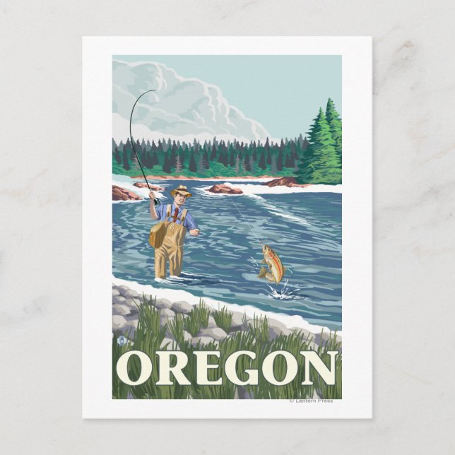 Postal Fly Fisherman, Poster de Viajes de Viaje (Anverso)