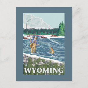 Postal Fly FishermanWyomingVintage Afiche de viajes