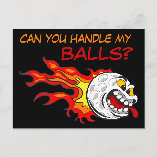 Postal Flying Golf Ball en llamas con una divertida cita (Anverso)