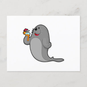 Postal Foca bebiendo jugo