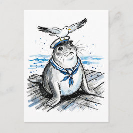 Postal Foca común con gaviota en ilustración de tinta mar