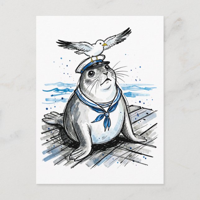 Postal Foca común con gaviota en ilustración de tinta mar (Anverso)