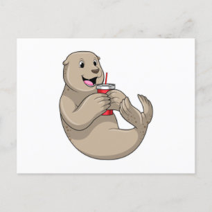 Postal Foca con taza con pajita