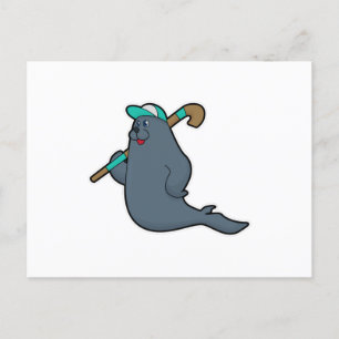 Postal Foca en Hockey con palo de hockey