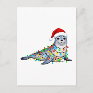 Postal Foca festiva cubierta de luces de Navidad