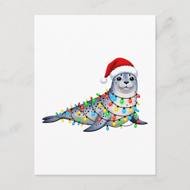 Postal Foca festiva cubierta de luces de Navidad (Anverso)