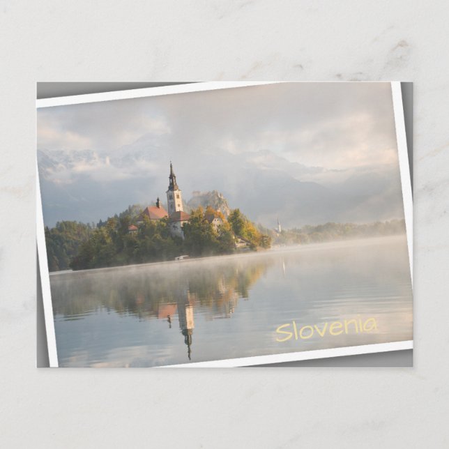 Postal Foggy Bled Lake sunrise en Eslovenia (Anverso)