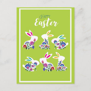 Postal Folclore conejitos felices de Pascua en verde prim