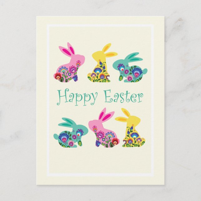 Postal Folclore Feliz Pascua Bunnies amarillo (Anverso)