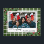 Postal Foliage botánico de Green Holly Red Berries<br><div class="desc">Única, clásica, moderna, bonito y decorativa tarjeta de vacaciones. Cute Happy Holidays saludo texto y habitación para personalizar o personalización con una foto, nombre de familia (o nombres individuales) y mensaje de su elección. Enmarcado por bayas rojas de vino de Borgoña y ramos de flores verdes en una elegante casa...</div>