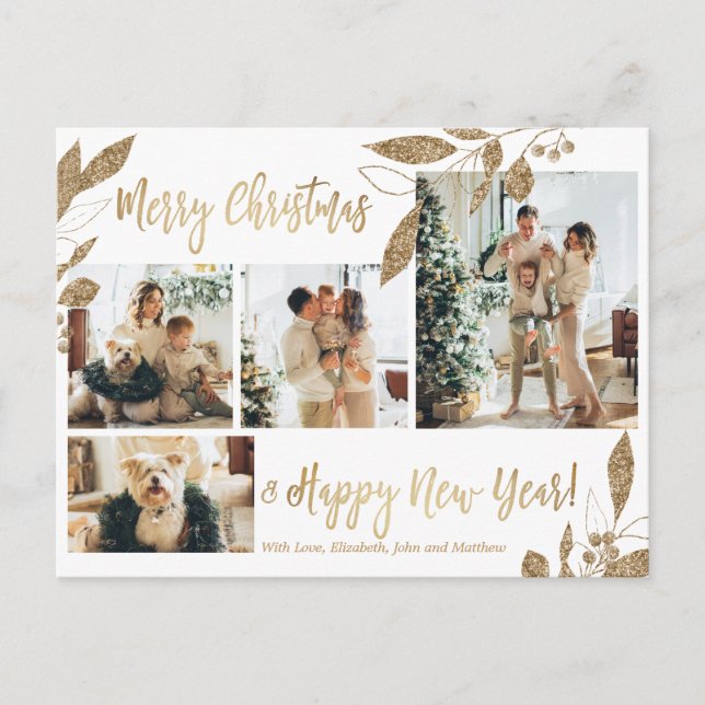Postal Foliage de oro moderno 4 Navidades de Collage de f (Anverso)