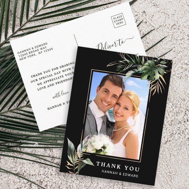 Postal Foliage Tropical Boda Foto Black Gracias (Front & Back)